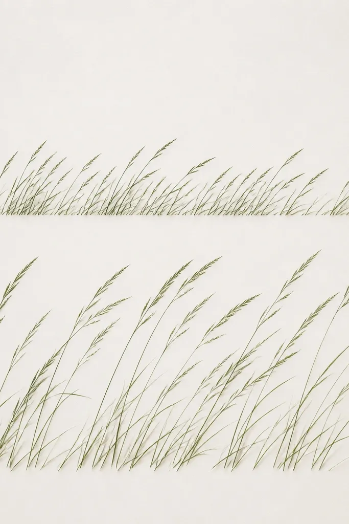 An off-white page with two stacked grass outline tiers: short blades on the upper half and taller blades below, both leaning in the same direction.