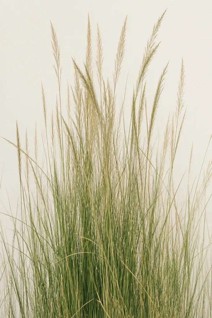 A narrow vertical composition where grass blades gather thickest in the center, thinning out toward the left and right edges on a light background.