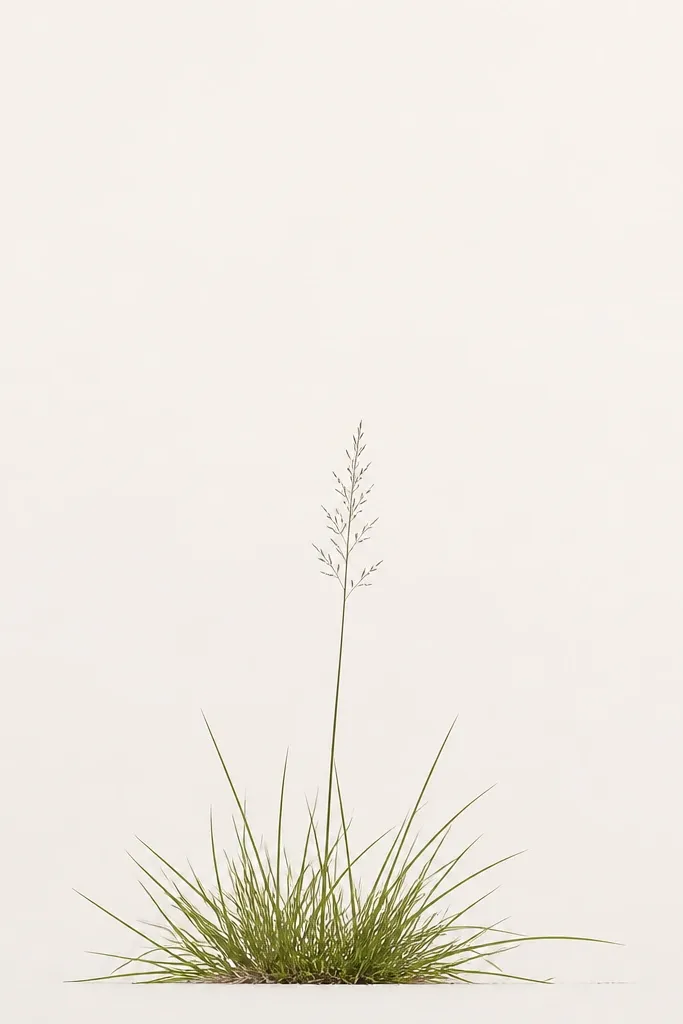 A simple grass base with a single seed head outline rising above it like a tiny tuft, all on a light background with lots of white space.
