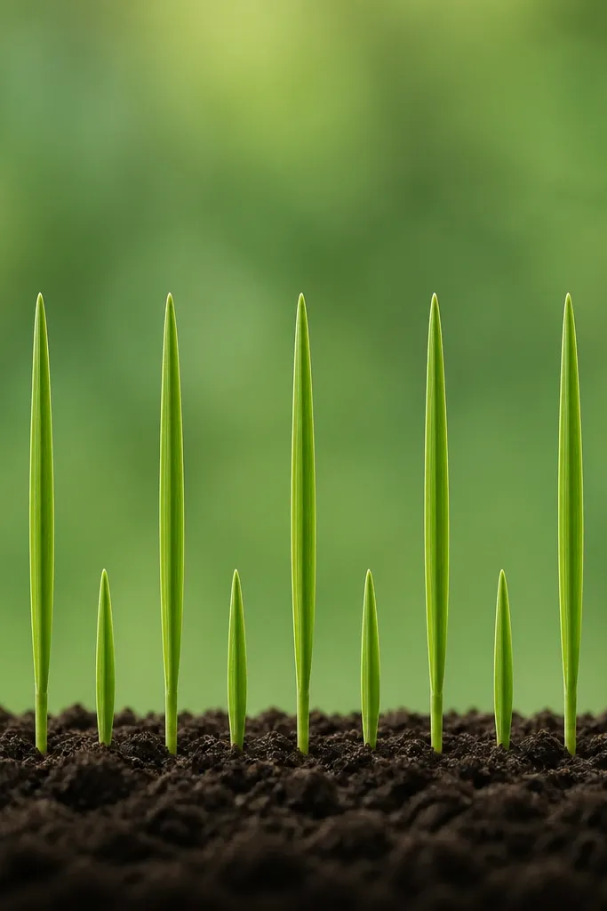 A clean row of grass blades where every blade is either short or tall, alternating in a tidy pattern with consistent spacing.