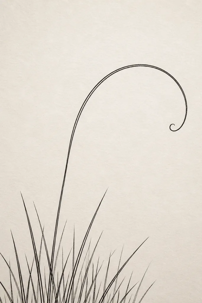 Grass blades at the bottom with a single curled stem forming a gentle bow shape above them, all in black outline on cream paper.