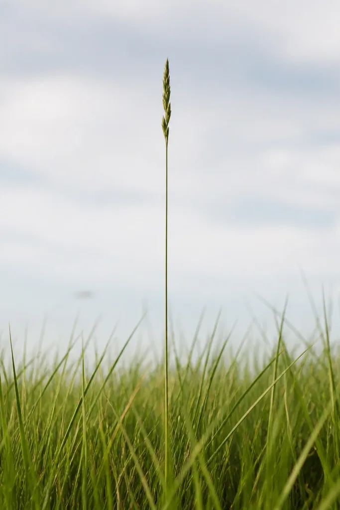 Grass blades spanning the width of the card with a single taller vertical stem in the center, like a post above the meadow.