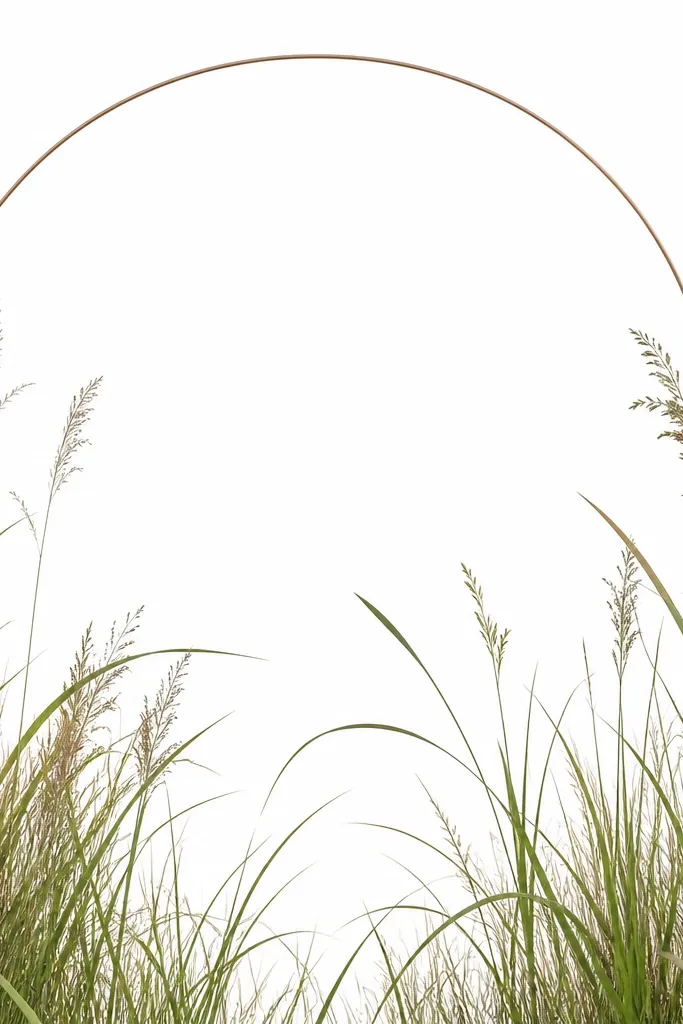 Grass blades rising under a thin arch line that spans the top of the drawing, like a gate, all on white background.
