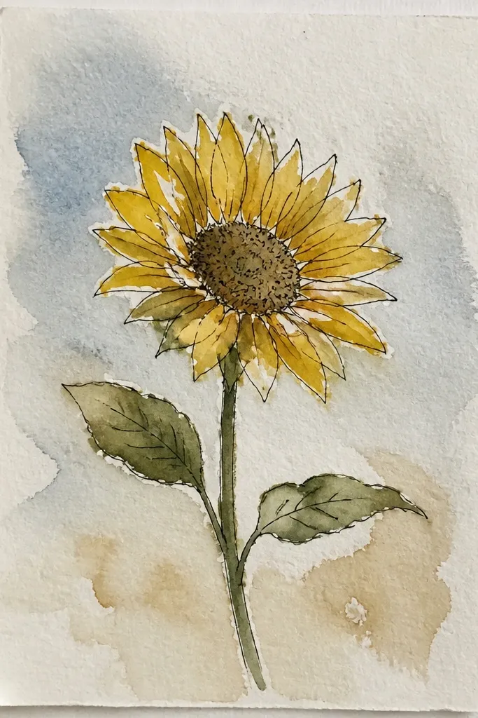 Black ink sunflower outline with light yellow watercolor petals and a dark center