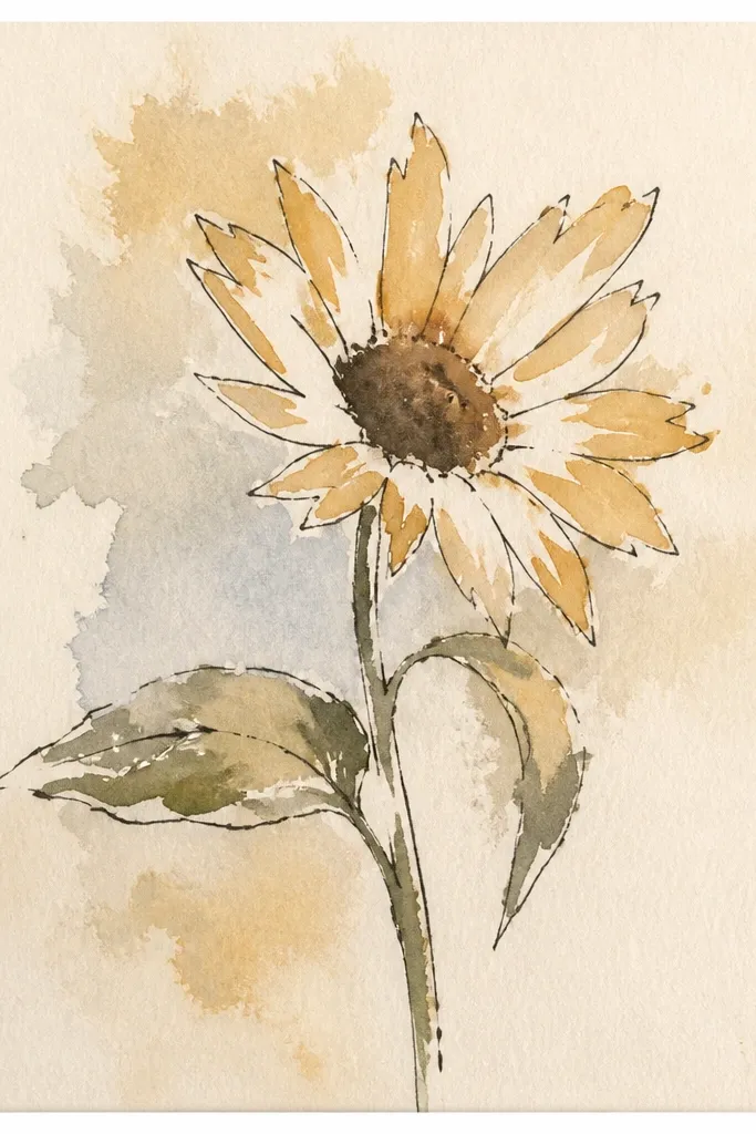 Sunflower petals left mostly blank with faint watercolor shadows and a dark yellow center
