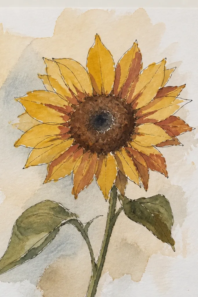Sunflower petals in pale yellow with burnt sienna shadows and a dark textured center