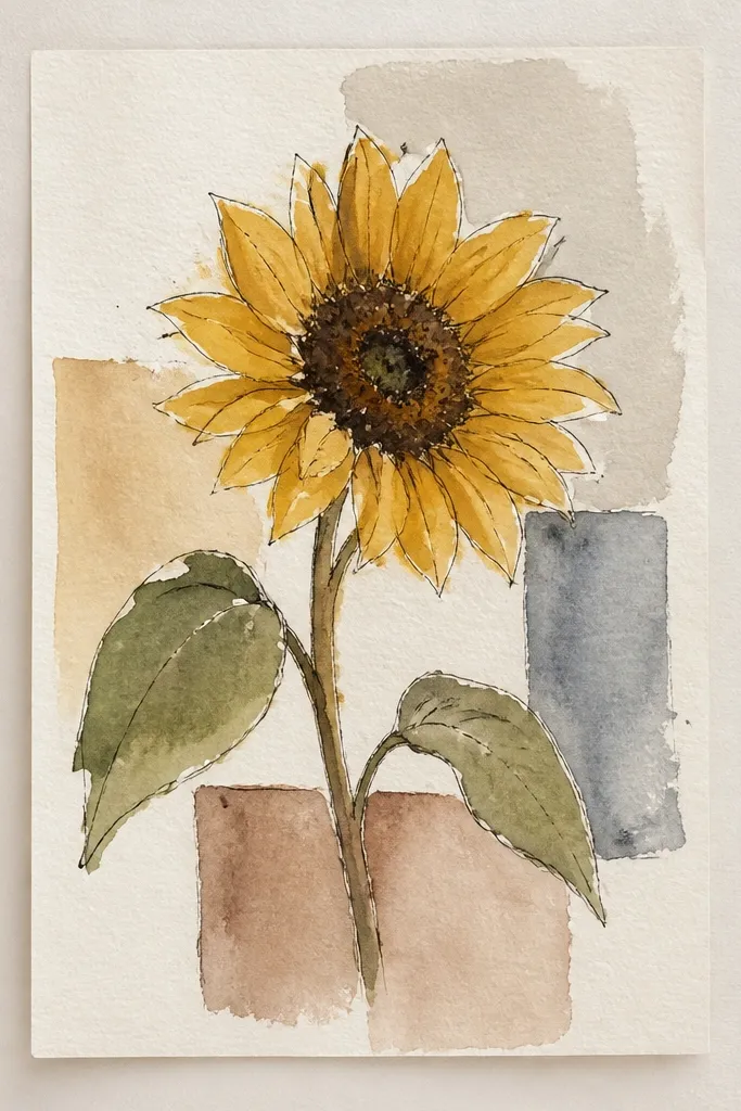 Sunflower in front of angular watercolor rectangles in pale blue and peach