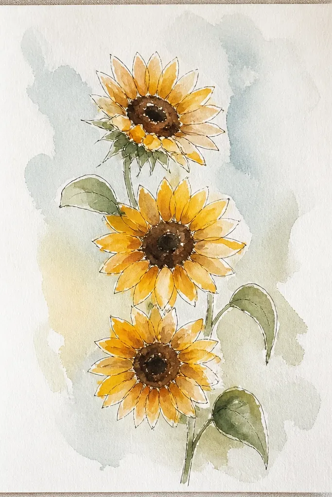 Three small sunflowers stacked vertically with loose yellow petals and dark centers