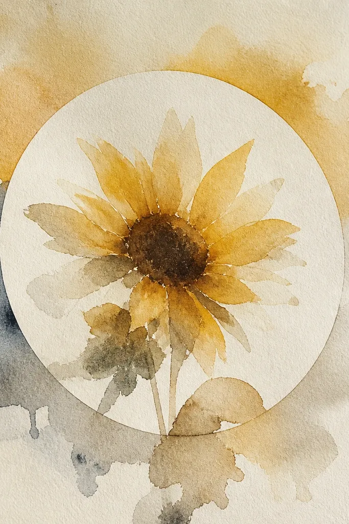 Sunflower inside a loose circular watercolor border with pale yellow petals