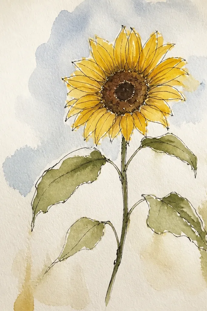 Sunflower with sparse green leaves drawn in lines and pale green watercolor washes