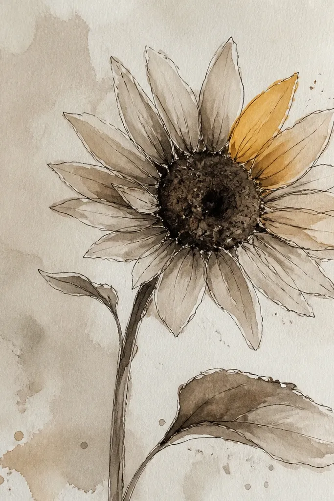 Sepia sunflower with soft gray-yellow petals and one bright warm spot in the center