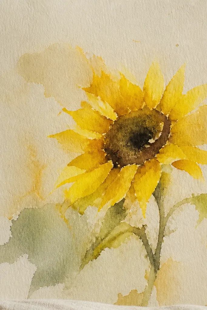 Sunflower on rough textured paper with a dry-brushed dark center spiral