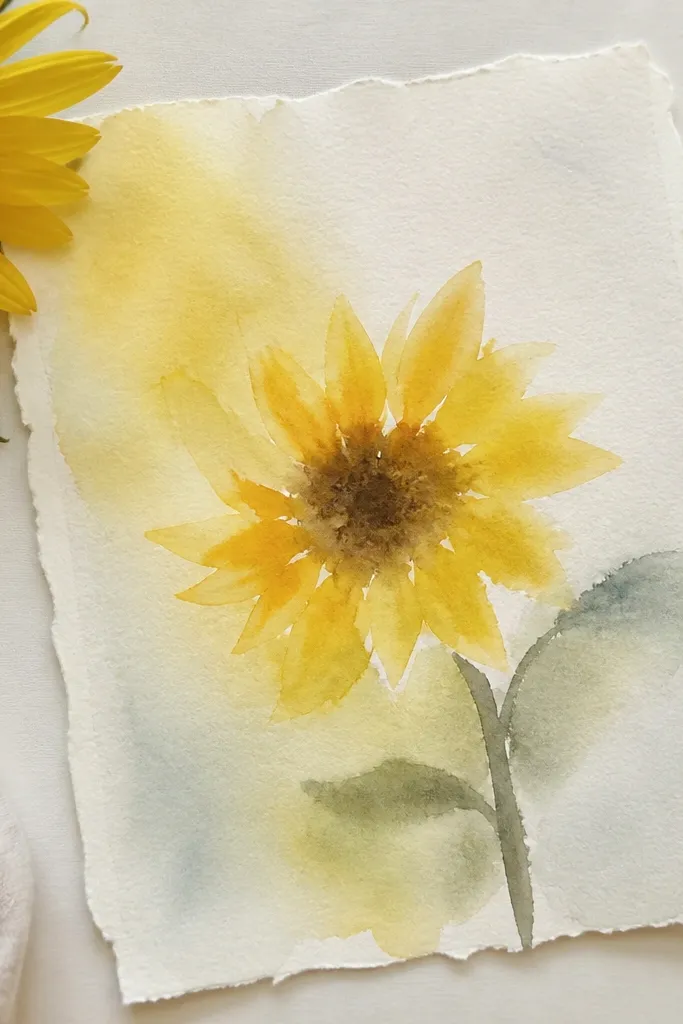 Watercolor sunflower with soft petals on a card with torn paper edges
