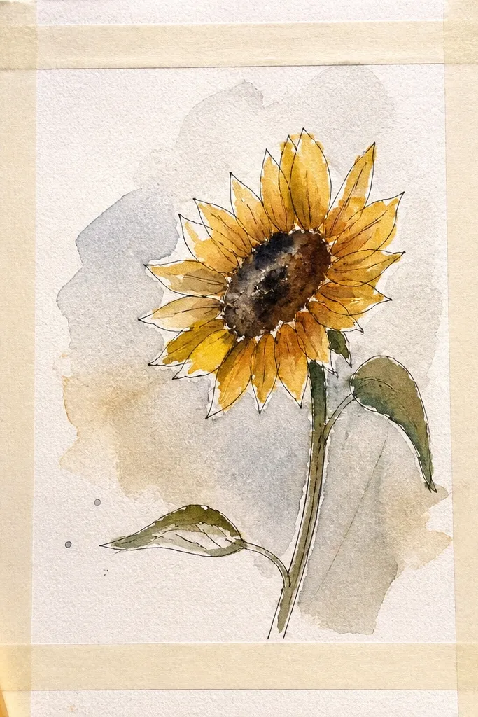 Sunflower painted inside a tape-made window with clean grid edges