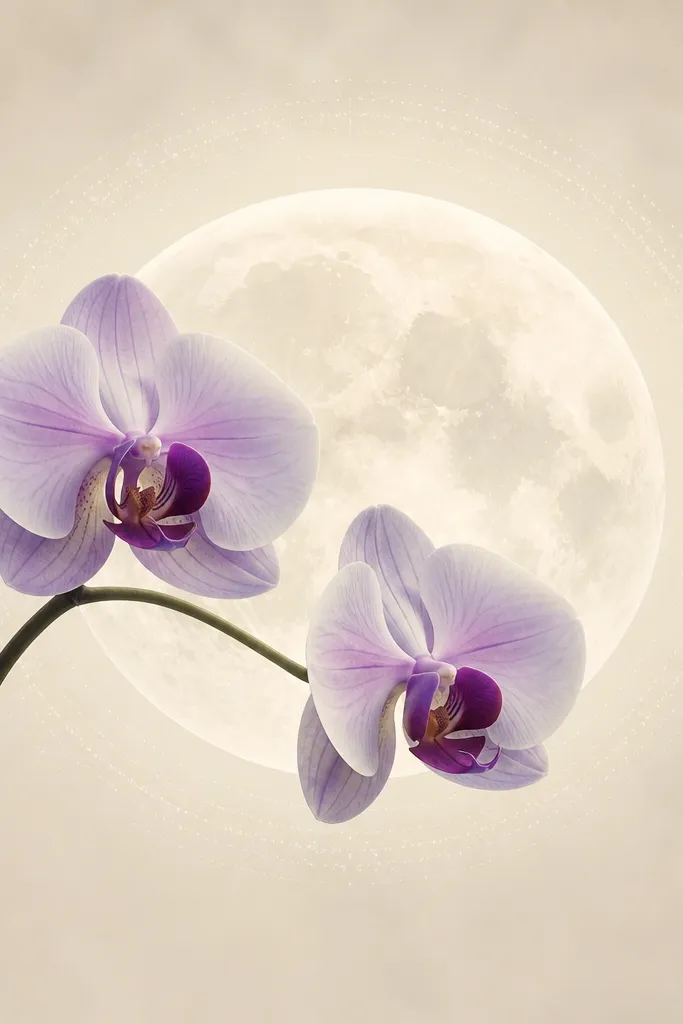 A centered pale moon in a soft cream wash, with one orchid stem arching from the bottom left and two blossoms facing outward. A faint dotted glow ring surrounds the moon, and the orchid petals have light lavender gradients with a dark plum center.