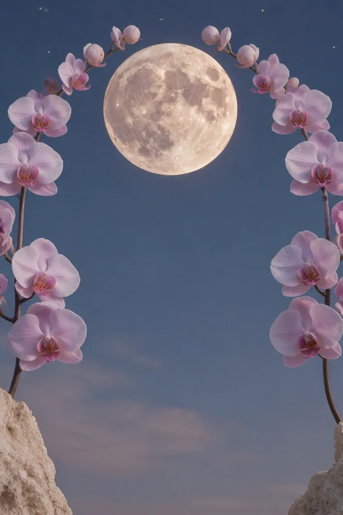 A large moon at the top with a white "cut-out" orchid arch wrapping around it, like a wreath. The orchid petals are pale pink-lavender, and the stems form a curved frame. A few tiny star dots sit above the halo.