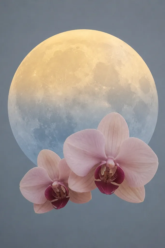 A moon painted in two tones: pale yellow at the top and light gray-blue at the bottom. Two orchid blossoms float at the moon's lower edge, one slightly larger. Petals are soft peach-lilac with a maroon center.