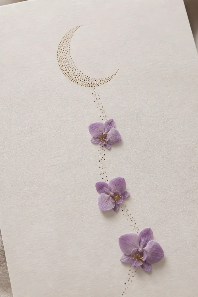 A crescent moon made of fine dots, with a trail of tiny dots leading down the page. Orchids appear as three small blossoms along the trail, each with lavender petals and tiny gold specks in the center.