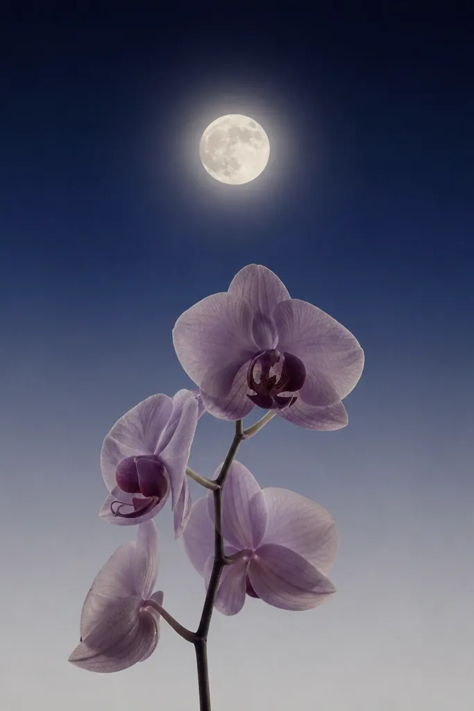 A light wash of deep navy at the top fading to pale gray near the bottom. A bright moon sits center with a soft glow ring. A single orchid stem rises from the bottom, with petals in muted lavender and a dark center.