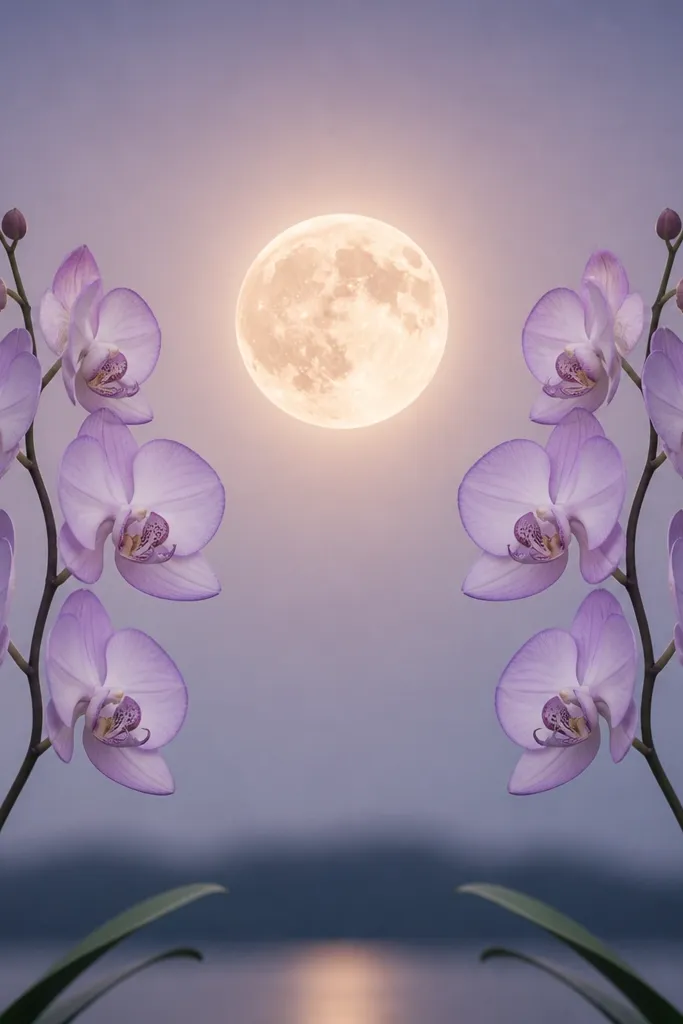 A centered moon with a glow ring, and two orchid stems mirrored left and right. Petals are pale lilac with darker outlines only at the tips. Small leaf shapes sit under each blossom like a pair of wings.