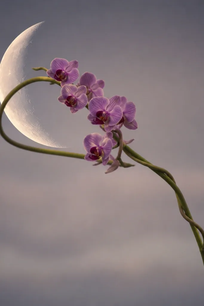 A crescent moon on the upper left. An orchid stem curves around the crescent, wrapping like a ribbon. Blossoms are small and clustered near the curve, with lavender petals and a dark maroon throat.