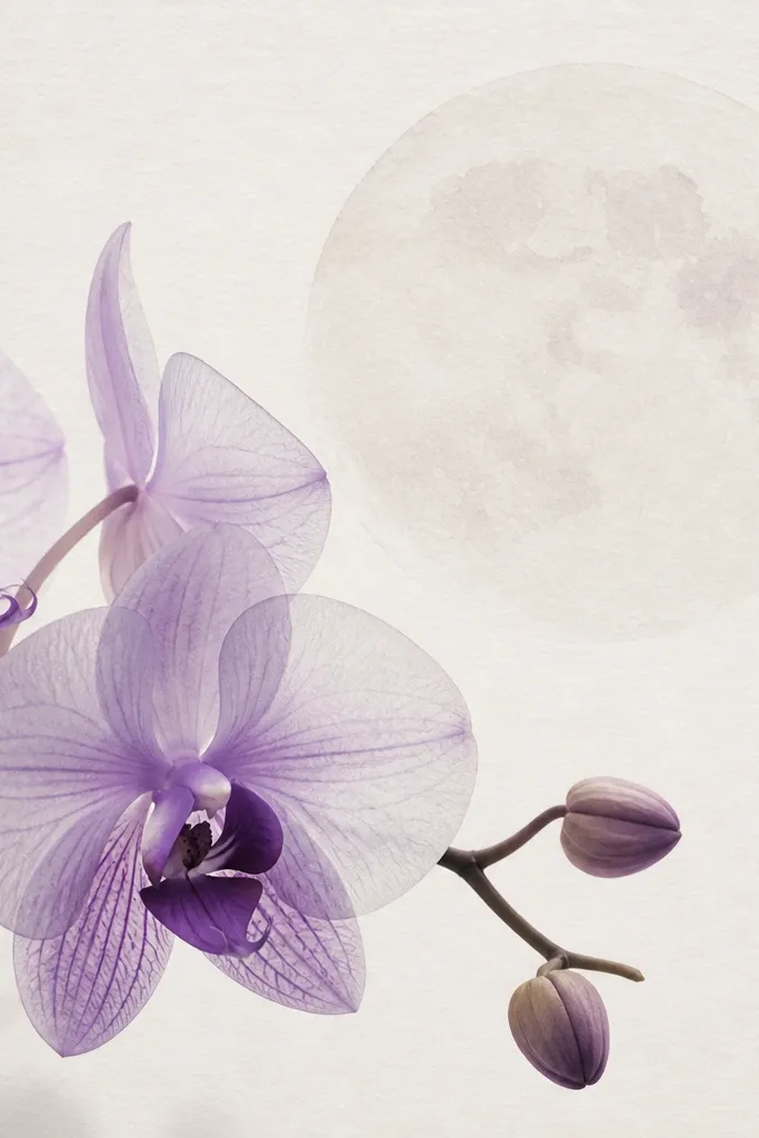 A moon painted very lightly so the paper texture shows through. The orchid petals are semi-transparent lavender, with darker veins on the lower petals. The center is deep purple with a small white highlight.