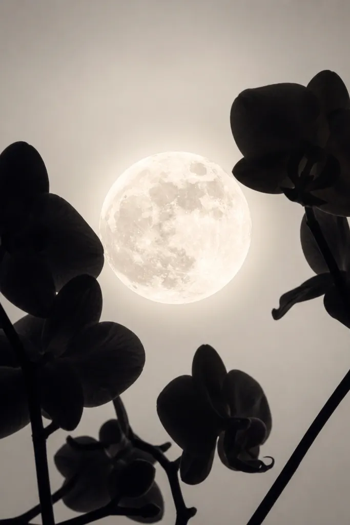 A bright moon surrounded by a dark orchid silhouette. The silhouettes show petal shapes and stems as solid black and deep charcoal. The background is off-white with a faint gray glow ring.