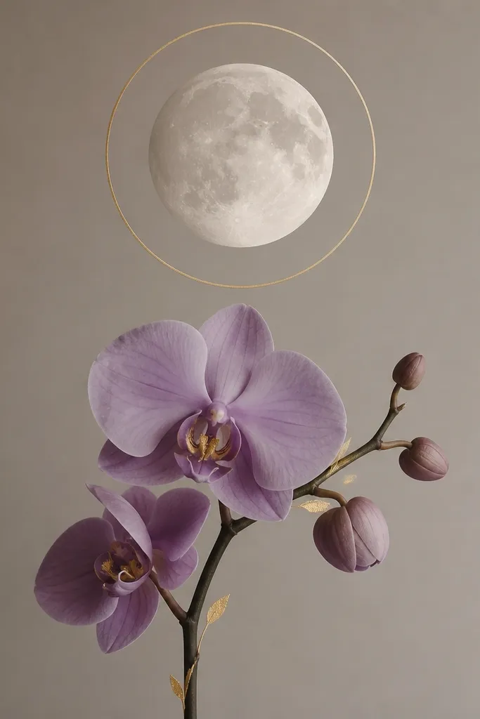 A pale moon with a thin gold ring. An orchid with lavender petals sits below the moon, and a few gold leaf-shaped marks highlight the center and stem shadows.