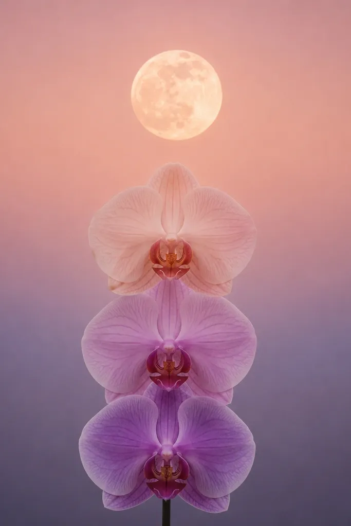 A moon at center with a soft ombre glow from light peach to pale lavender. Three orchid blossoms stack vertically like steps beneath the moon, each slightly different in tone.