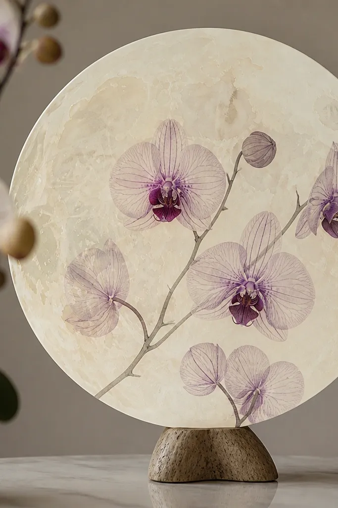 A moon painted in pale cream, with orchid petals showing faint natural vein patterns as if transferred from real leaves. The orchid stems are outlined in soft gray, and the center is darker purple.