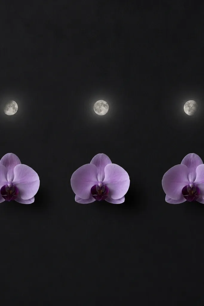 Three small moons in a horizontal row across the upper third of the page. Each moon has a tiny glow ring. Under each moon sits a small orchid blossom, with lavender petals and a dark center.