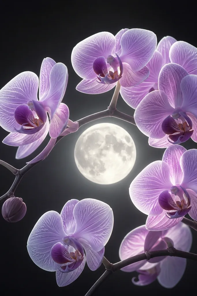 A dark charcoal background. A bright pale moon glows at center. The orchid petals are painted in soft lilac and highlighted with white lines, like they're lit from within.