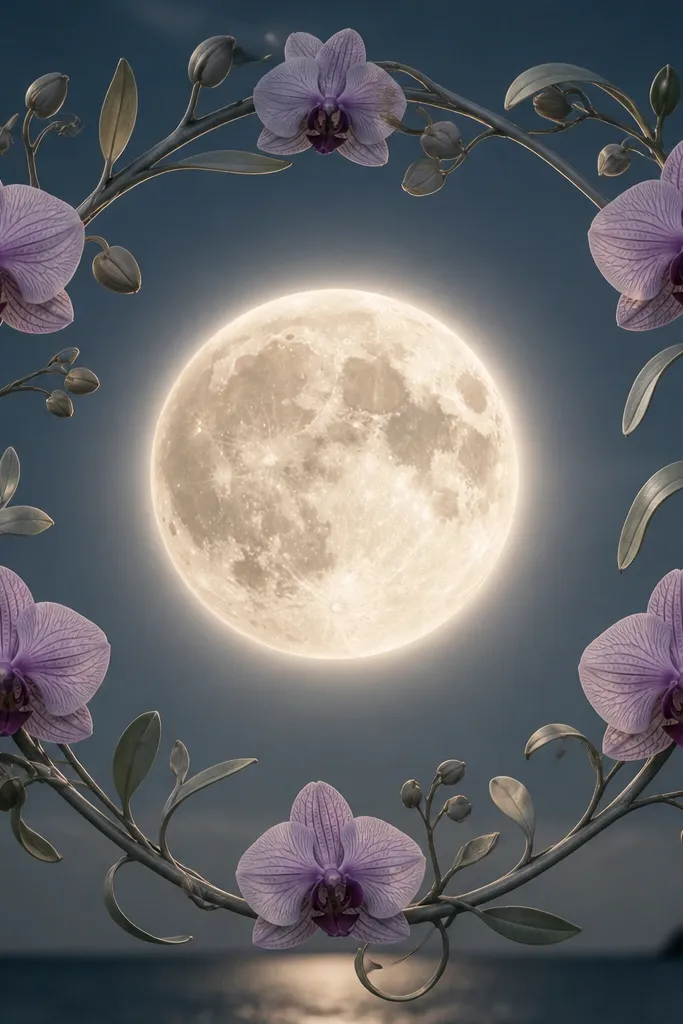 A large moon in the center with a glow ring. Orchid vines curl around it like a picture frame, with small blossoms spaced at the top and sides. Petals are lavender with darker veins, and the vines are drawn in soft gray-green.