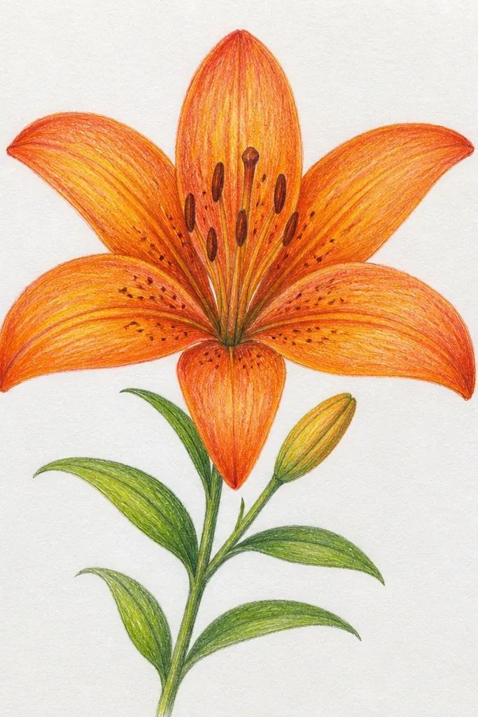 A thrifted canvas tote with a small front pocket. One orange lily sits centered on the pocket flap, with a dark orange fold line on each petal and a pale yellow center glow. The stem curves down into the pocket seam, and the background stays natural canvas cream.