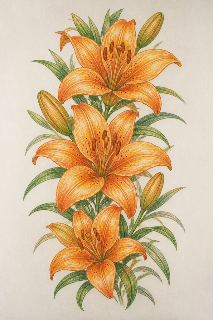 A vertical band on a repurposed notebook cover shows three orange lilies stacked. Each lily has a dark fold highlight, pale yellow center, and a thin green stem that spirals gently. A light cream background wash sits behind the trio, with faint leaf sketches in the margins.