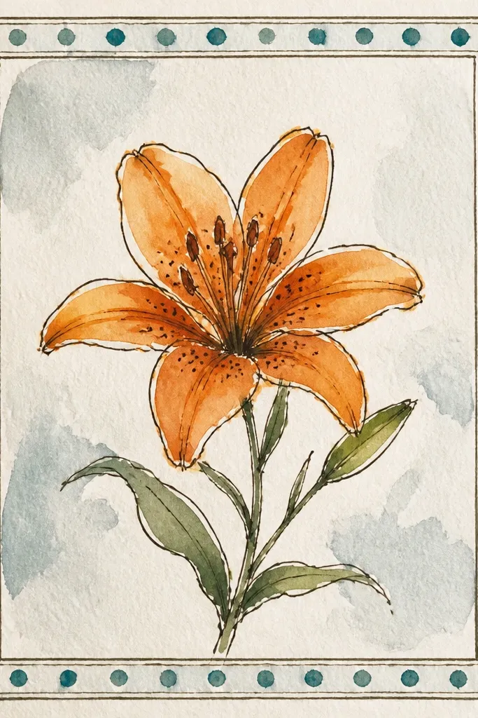 A thrifted wooden frame has a teal dotted background. One orange lily sits in the top left corner, angled slightly inward. Teal dots vary in size, and the lily has a pale yellow center with orange speckles.