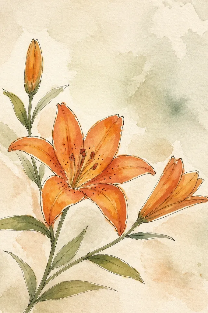 A large sheet of kraft wrapping paper shows a single orange lily sprig in the top right corner. The stem curves down diagonally, with two small buds and one partial leaf. The background stays kraft brown, and the lily center is pale yellow.