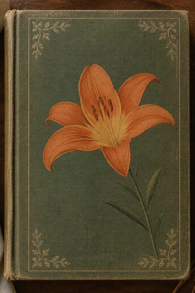 An old hardcover book cover is repurposed with a thin rectangular border. Inside the border, an orange lily sits slightly off-center, with a pale yellow center and dark orange fold lines. Small leaf sketches fill the corners of the rectangle.