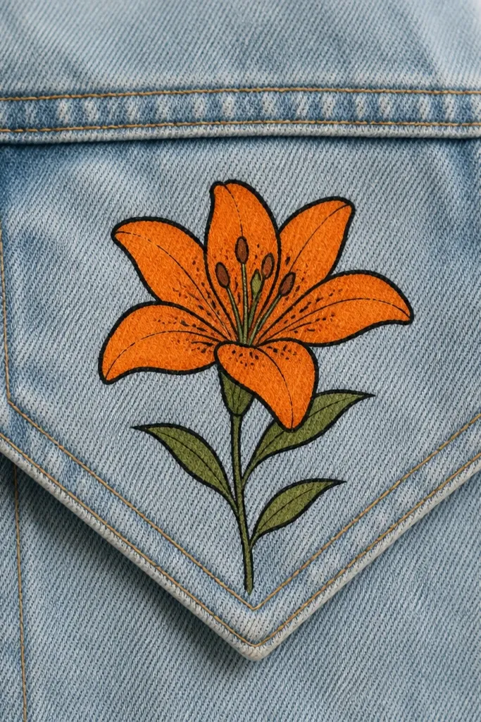 A denim jacket pocket flap has an orange lily drawn in the center. The petals have dark orange fold lines and lighter highlights, and the center has pale yellow with orange speckles. A small green stem wraps around the flap seam.