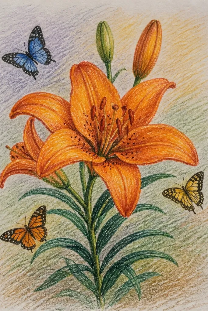 A white pillowcase has a large orange lily on the front center. Two small butterflies sit near the top petals, with thin orange outlines and pale yellow wings. The background stays plain white with a few green leaf strokes.