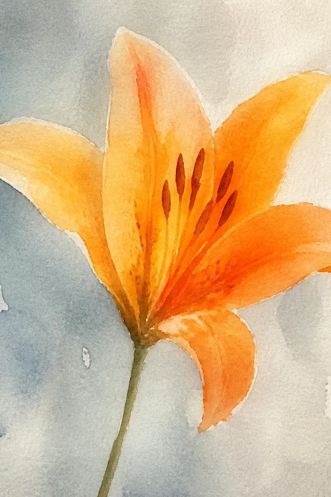 A round ceramic tile coaster has a close-up orange lily bloom filling most of the circle. Petals show dark orange fold lines and pale highlight curves. The center has pale yellow and small orange dots, with a thin green stem peeking from one side.