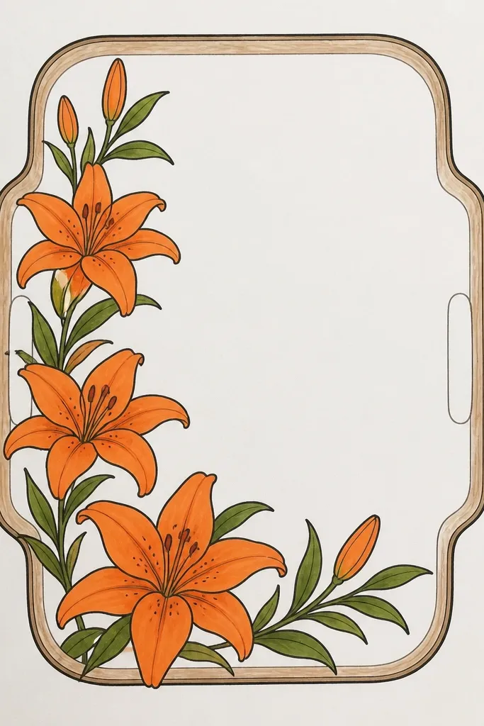 A wooden serving tray has a thin border of orange lilies along the front edge. Each lily is simplified into three petals with a pale yellow center, spaced evenly. Tiny green leaves sit between lilies, and the tray background stays natural wood with a light stain.