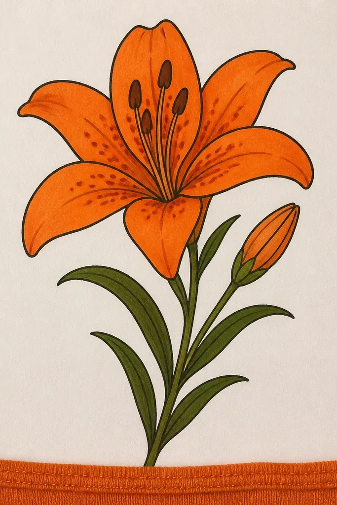 A light gray t-shirt has a horizontal band across the lower hem. Three orange lilies sit in the band, with thin green stems and small leaf marks. The background of the band is a pale peach wash, and the lily centers glow pale yellow.