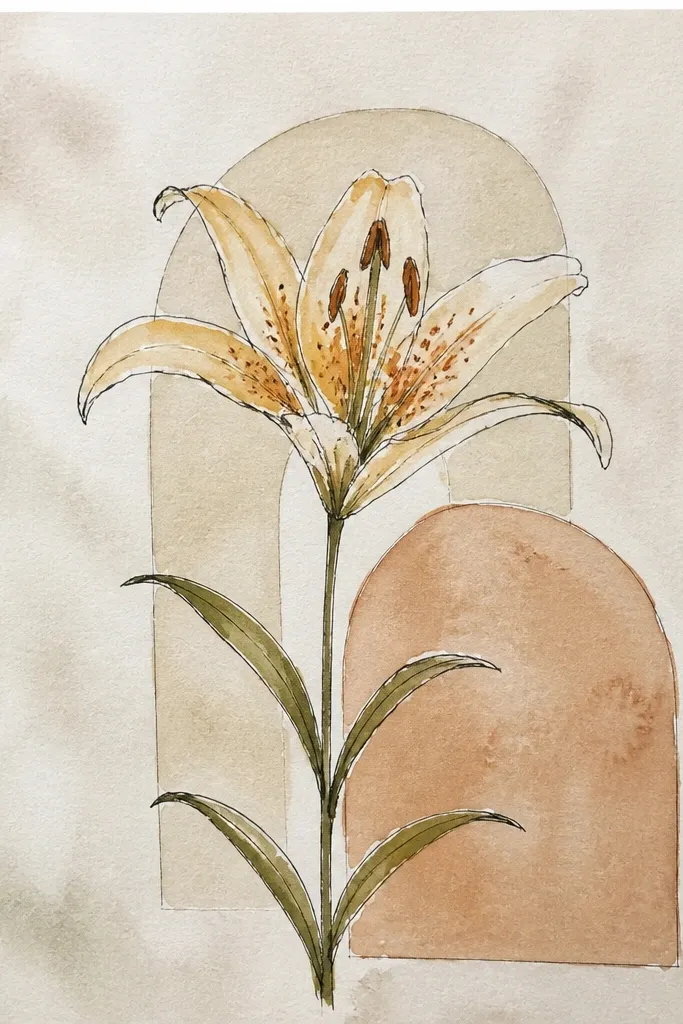 A notebook spine has two orange lily blooms connected by thin stems. Behind them are simple geometric arches in light orange and soft beige. The lily petals have dark fold lines, and the center is pale yellow with tiny orange dots.