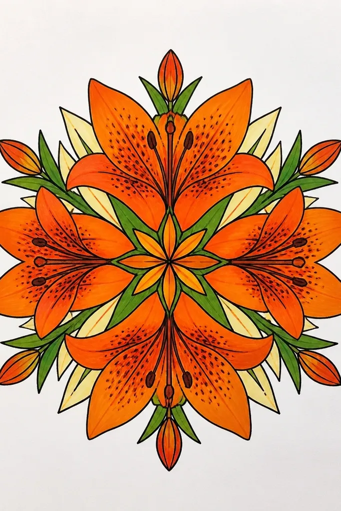 A round wooden box lid has a central orange lily surrounded by a ring of small leaf petals and dotted circles. The lily has clear dark fold lines and a pale yellow center with speckles. The outer ring has alternating green and orange dot accents.