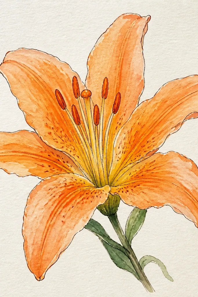 A watercolor-style orange lily sits on cream paper. The petals have soft orange washes with visible paper texture. A thin ink outline defines each petal edge, and the center is pale yellow with darker orange pollen marks.