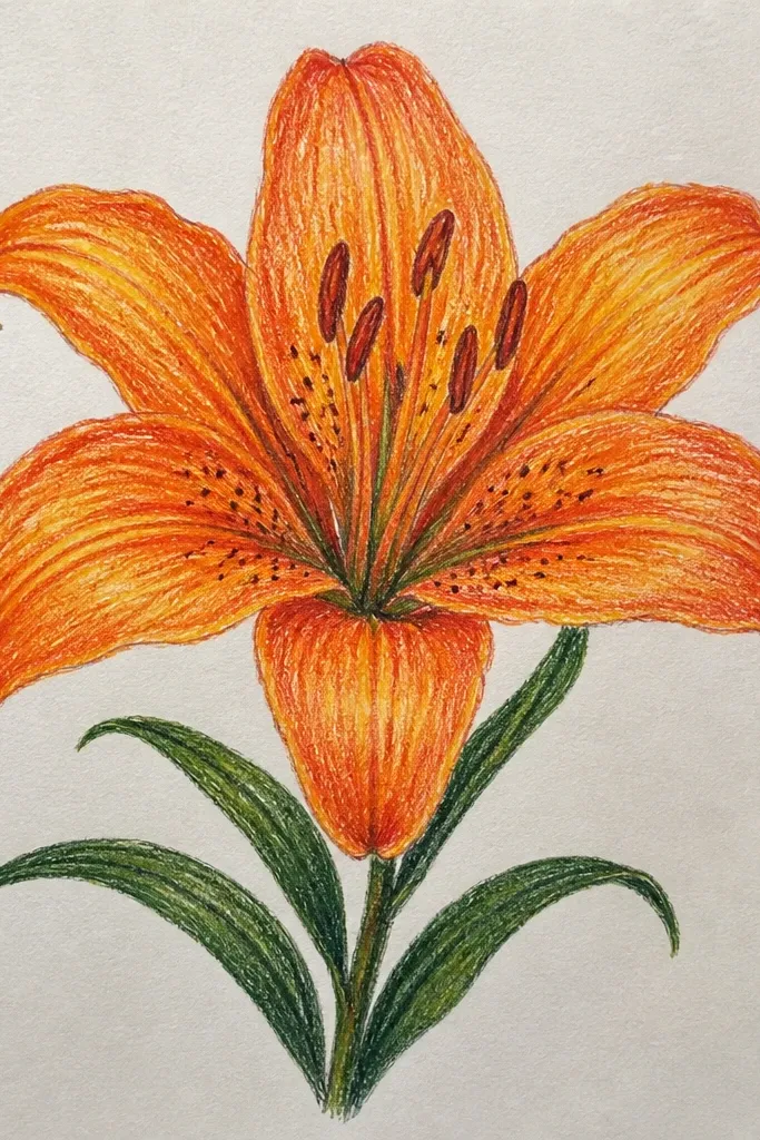 A handmade mug sleeve has an orange lily on the left side and a horizontal band of orange script text across the middle. The lily petals have dark fold lines and a pale yellow center. The fabric background is cream or beige, and there are small green leaf strokes near the script ends.