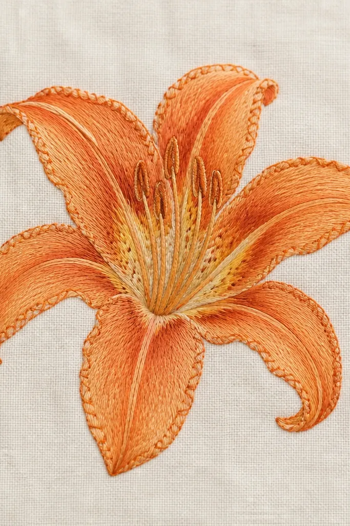 A plain off-white fabric panel has an orange lily outlined with orange thread-like stitch lines. The petals have dark orange fold shading, and around the edges are tiny curved "stitches" drawn in a slightly darker orange. The center is pale yellow with speckles.