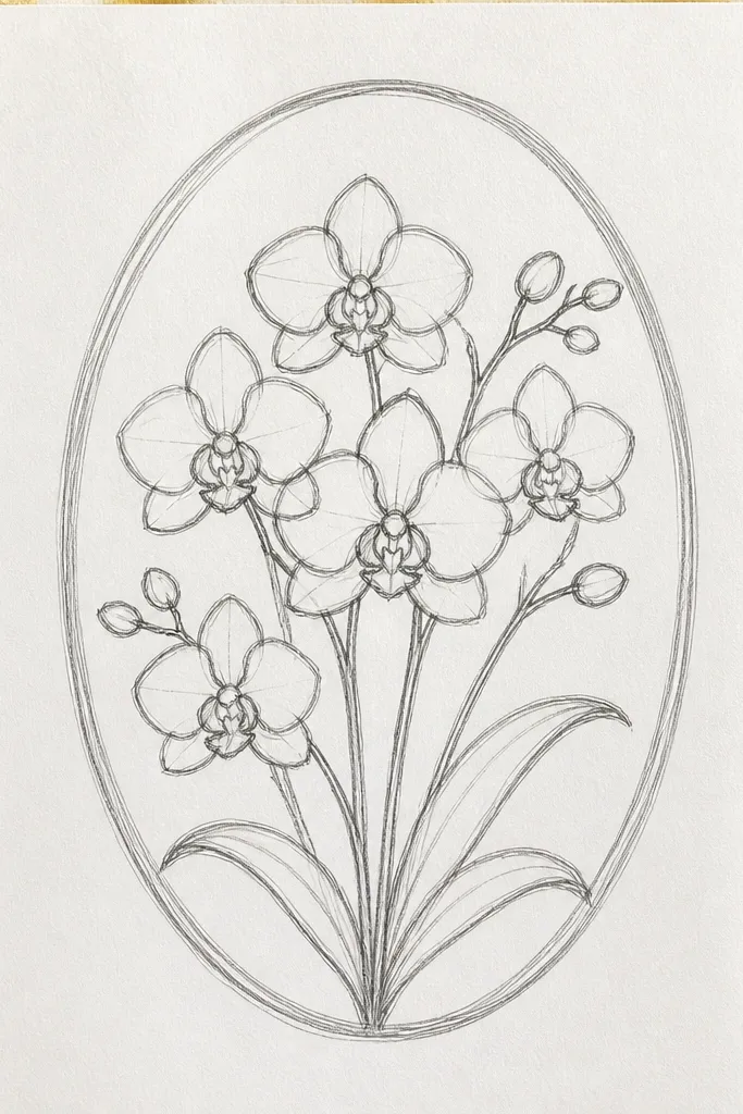 Yellow gingham background with a centered oval orchid bouquet drawing