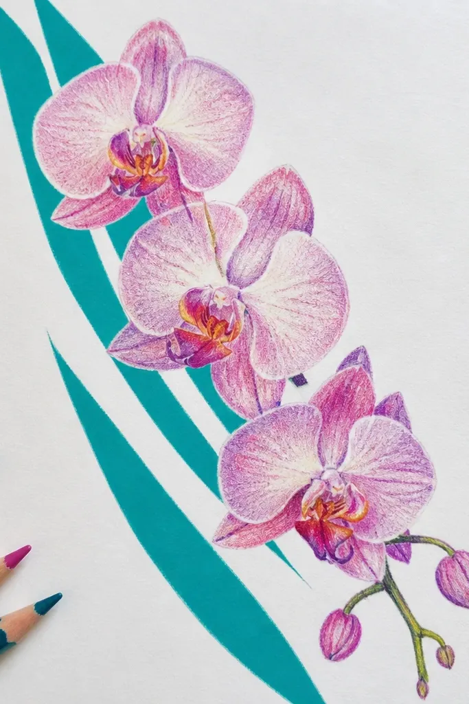 Teal diagonal stripes behind cascading orchids with a dark center throat